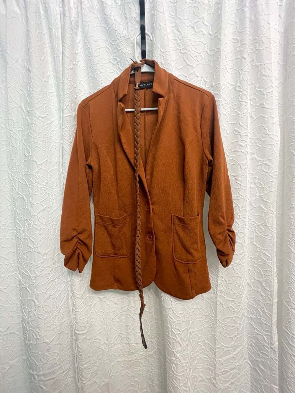 Mint Limit Blazer Size M Rust Orange 3/4 Ruched Sleeve Open Front Jacket